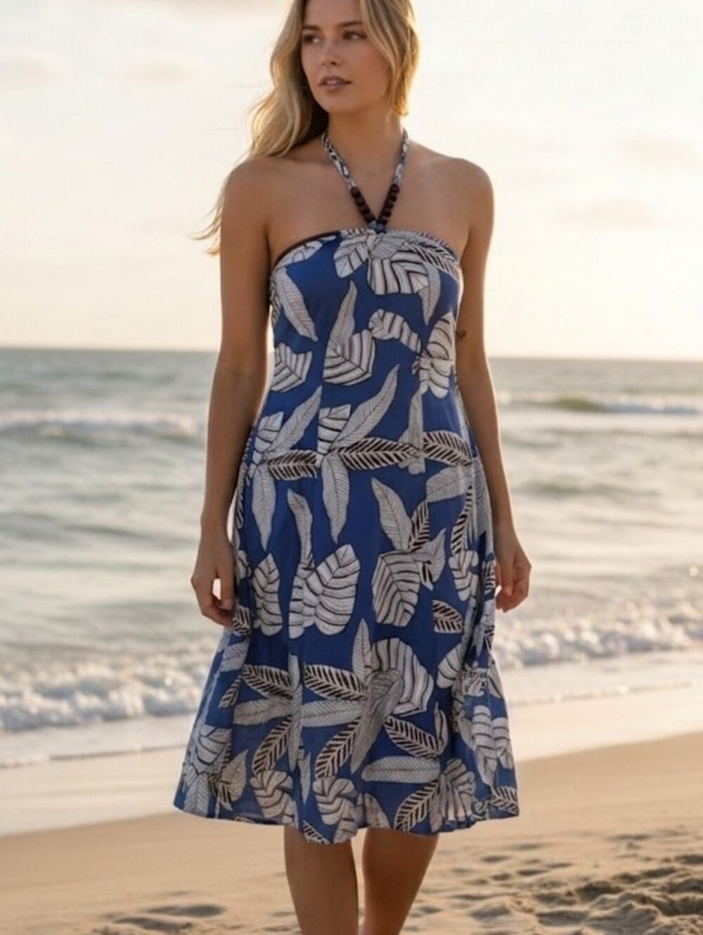 Cato Vintage Y2k Blue Tropical Leaf Beaded Halter Dress